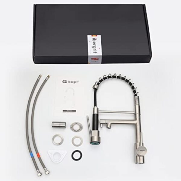 Ibergrif Mitigeur Robinet Cuisine avec Douchette 2 Jets 360° Pivotant, Double Bec Professionnel, 2 Modes Pulvérisation, Arc Élevé Acier Inox Économe en Eau, Design Moderne, M22144A – Image 8