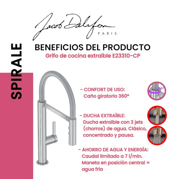 JACOB DELAFON Mitigeur cuisine Spirale Bec haut chrome douchette extractible – Image 4