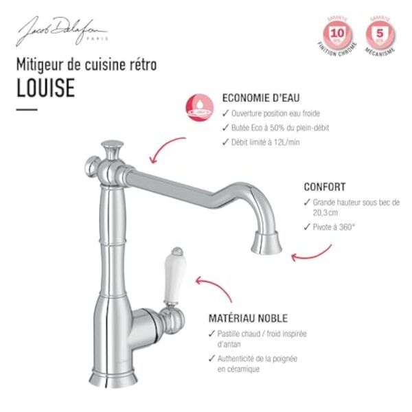 JACOB DELAFON Mitigeur cuisine Louise design retro Chrome – Image 7