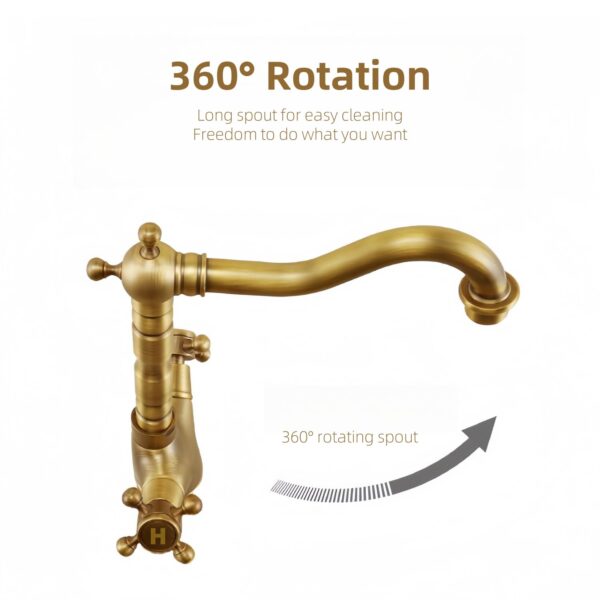 KOPYFANTAP Robinet de Lavabo en Laiton Antique, Robinet Cuisine Laiton Rétro à Double Poignée, Rotatif à 360° Mitigeur en Bronze de Salle de Bain Chaud et Froid – Image 3