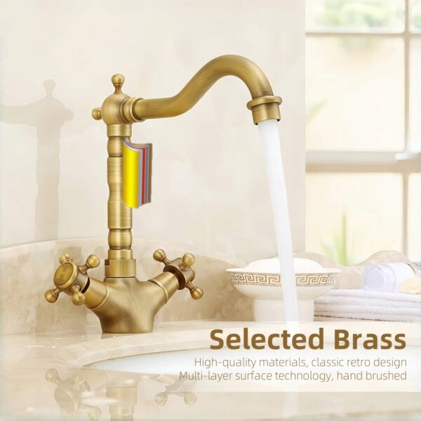 KOPYFANTAP Robinet de Lavabo en Laiton Antique, Robinet Cuisine Laiton Rétro à Double Poignée, Rotatif à 360° Mitigeur en Bronze de Salle de Bain Chaud et Froid – Image 4