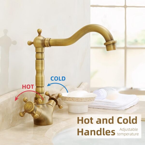 KOPYFANTAP Robinet de Lavabo en Laiton Antique, Robinet Cuisine Laiton Rétro à Double Poignée, Rotatif à 360° Mitigeur en Bronze de Salle de Bain Chaud et Froid – Image 5