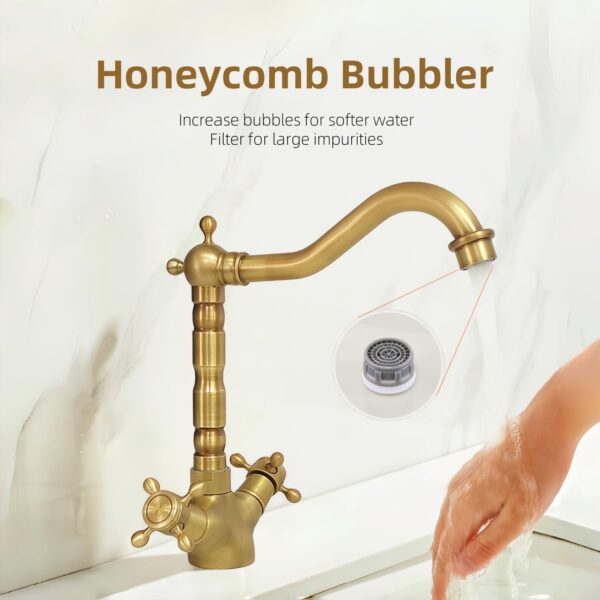 KOPYFANTAP Robinet de Lavabo en Laiton Antique, Robinet Cuisine Laiton Rétro à Double Poignée, Rotatif à 360° Mitigeur en Bronze de Salle de Bain Chaud et Froid – Image 6