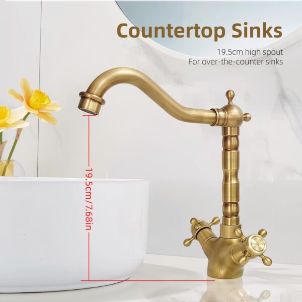 KOPYFANTAP Robinet de Lavabo en Laiton Antique, Robinet Cuisine Laiton Rétro à Double Poignée, Rotatif à 360° Mitigeur en Bronze de Salle de Bain Chaud et Froid – Image 7