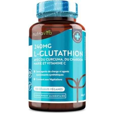 L-Glutathion 240 mg - 120 Gélules Vegan Haute Dose - Antioxydant avec NAC, Vitamine C, Sélénium, Curcuma et Chardon Marie - Contribue au Maintien d'un Système Immunitaire Normal - Nutravita
