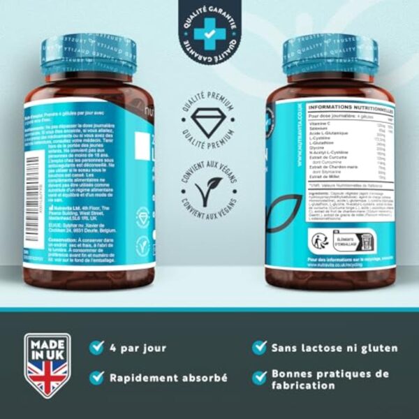 L-Glutathion 240 mg - 120 Gélules Vegan Haute Dose - Antioxydant avec NAC, Vitamine C, Sélénium, Curcuma et Chardon Marie - Contribue au Maintien d'un Système Immunitaire Normal - Nutravita – Image 3