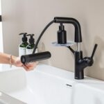 LakeBayMZC Robinet de lavabo avec douchette extractible, mitigeur monocommande pour lavabo à poser, avec 6 types de jet d'eau, douchette extensible, noir mat