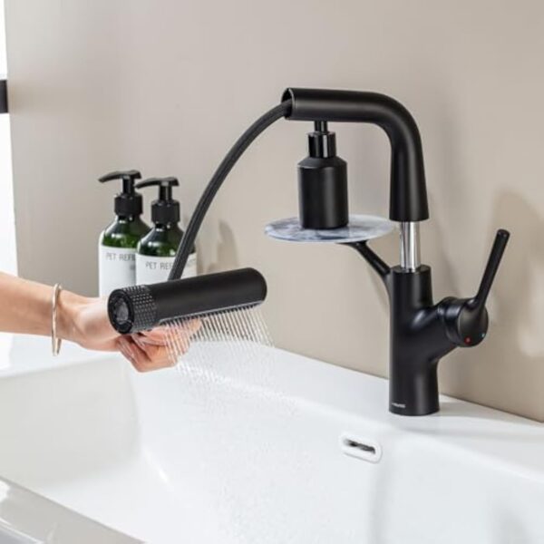 LakeBayMZC Robinet de lavabo avec douchette extractible, mitigeur monocommande pour lavabo à poser, avec 6 types de jet d'eau, douchette extensible, noir mat