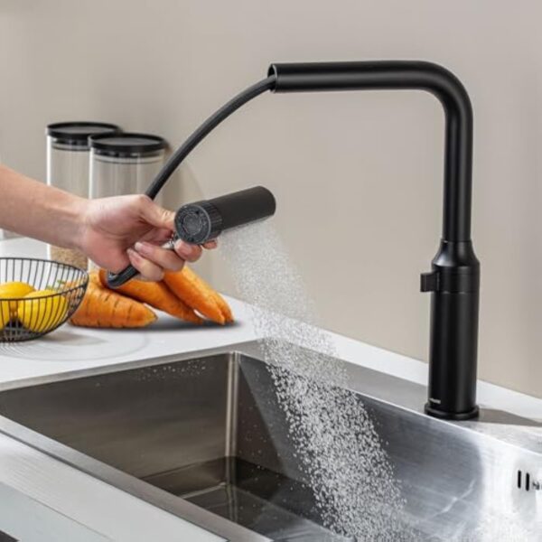 LakeBayMZC Robinet de cuisine avec douchette extractible, robinet de cuisine pivotant à 360°,robinet monocommande cuisine avec 6 jets,noir mat – Image 2