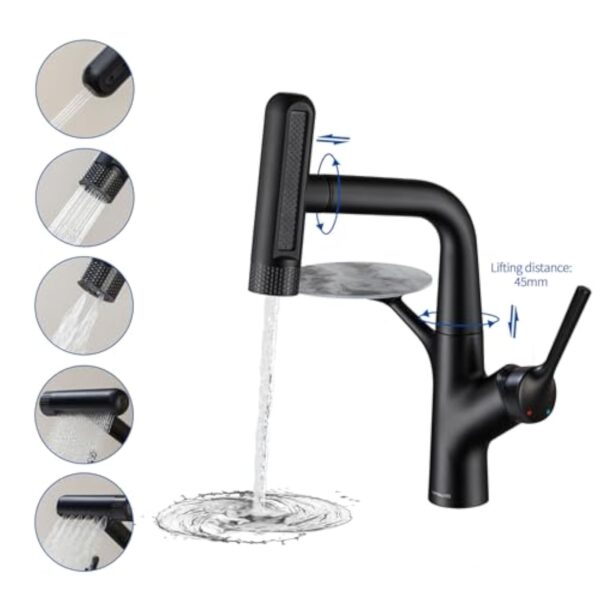 LakeBayMZC Robinet de lavabo avec douchette extractible, mitigeur monocommande pour lavabo à poser, avec 6 types de jet d'eau, douchette extensible, noir mat – Image 4