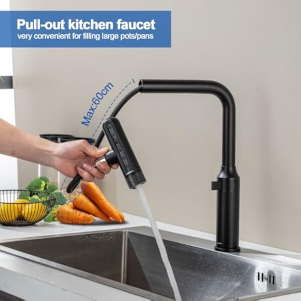 LakeBayMZC Robinet de cuisine avec douchette extractible, robinet de cuisine pivotant à 360°,robinet monocommande cuisine avec 6 jets,noir mat – Image 4