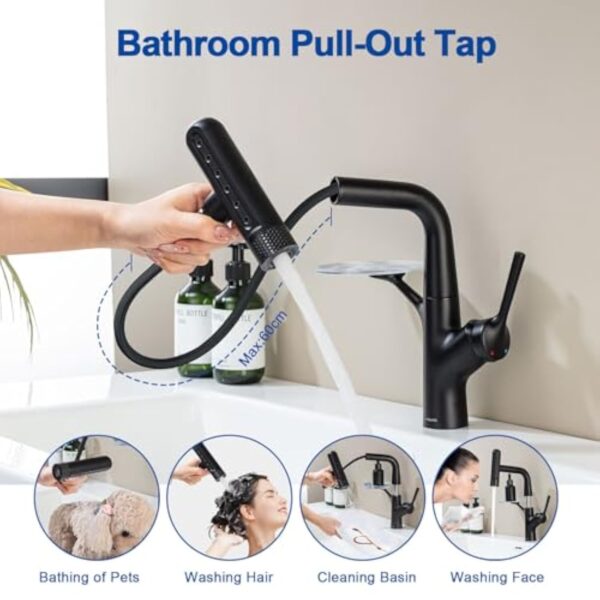 LakeBayMZC Robinet de lavabo avec douchette extractible, mitigeur monocommande pour lavabo à poser, avec 6 types de jet d'eau, douchette extensible, noir mat – Image 5
