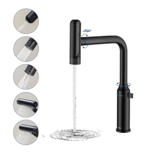 LakeBayMZC Robinet de cuisine avec douchette extractible, robinet de cuisine pivotant à 360°,robinet monocommande cuisine avec 6 jets,noir mat – Image 5