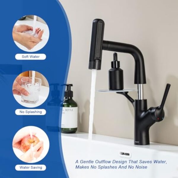 LakeBayMZC Robinet de lavabo avec douchette extractible, mitigeur monocommande pour lavabo à poser, avec 6 types de jet d'eau, douchette extensible, noir mat – Image 6