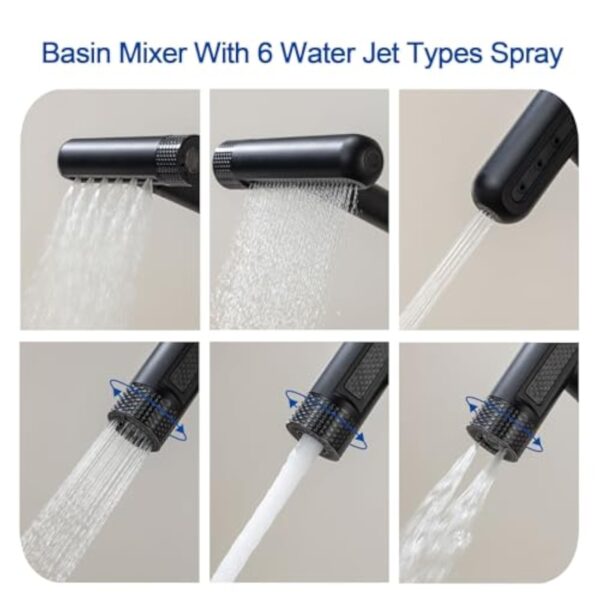 LakeBayMZC Robinet de lavabo avec douchette extractible, mitigeur monocommande pour lavabo à poser, avec 6 types de jet d'eau, douchette extensible, noir mat – Image 7