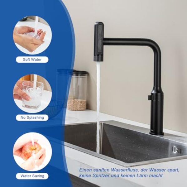 LakeBayMZC Robinet de cuisine avec douchette extractible, robinet de cuisine pivotant à 360°,robinet monocommande cuisine avec 6 jets,noir mat – Image 7