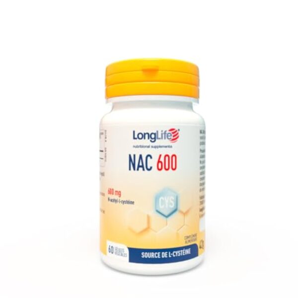 LongLife NAC 600 mg | Précurseur du glutathion | Haute concentration | NAC N-acétyl-cystéine | Défenses immunitaires adultes | 60 gélules d’origine végétale | Végan et sans gluten
