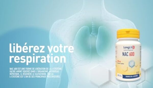 LongLife NAC 600 mg | Précurseur du glutathion | Haute concentration | NAC N-acétyl-cystéine | Défenses immunitaires adultes | 60 gélules d’origine végétale | Végan et sans gluten – Image 3