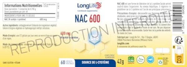 LongLife NAC 600 mg | Précurseur du glutathion | Haute concentration | NAC N-acétyl-cystéine | Défenses immunitaires adultes | 60 gélules d’origine végétale | Végan et sans gluten – Image 4