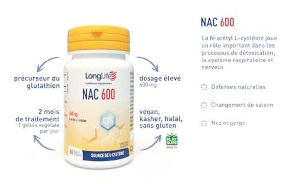 LongLife NAC 600 mg | Précurseur du glutathion | Haute concentration | NAC N-acétyl-cystéine | Défenses immunitaires adultes | 60 gélules d’origine végétale | Végan et sans gluten – Image 5