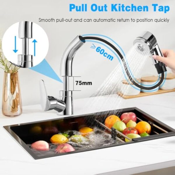 Mitigeur de Cuisine Extractible,2 Modes de Pulvérisation Robinet Cuisine avec Douchette Extractible,Robinet d'Évier de Cuisine Rotatif à 360 pour Évier Cuisine ou Lavabo,Froid&Chaud Disponible,Argent – Image 7