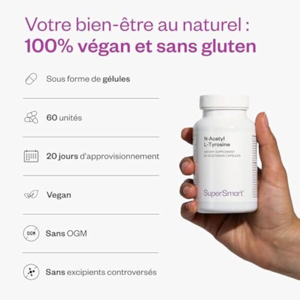 N-Acetyl L-Tyrosine 900 mg - Absorption et Biodisponibilité maximales - Régulation de l’Humeur - Synthèse des Neurotransmetteurs - Production Mélanine - Vegan - SuperSmart – Image 6