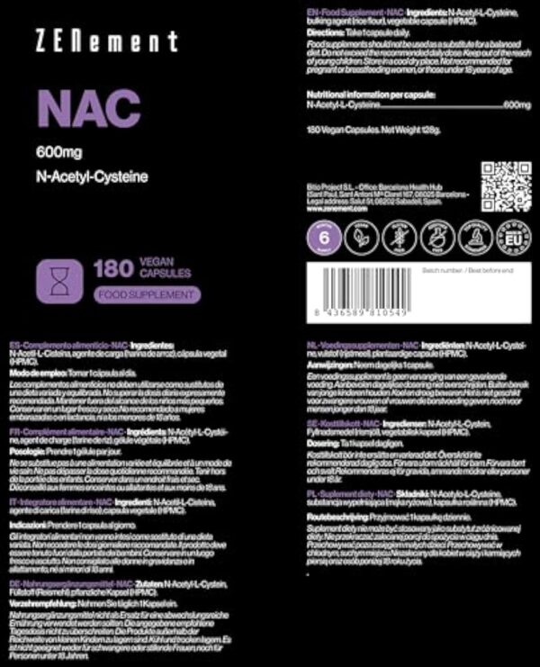 NAC N-Acétyl-Cystéine 600 mg - 180 Gélules Véganes | Approvisionnement de 6 Mois | Haute Pureté et Biodisponibilité | Sans Additifs | Végan | Zenement – Image 5