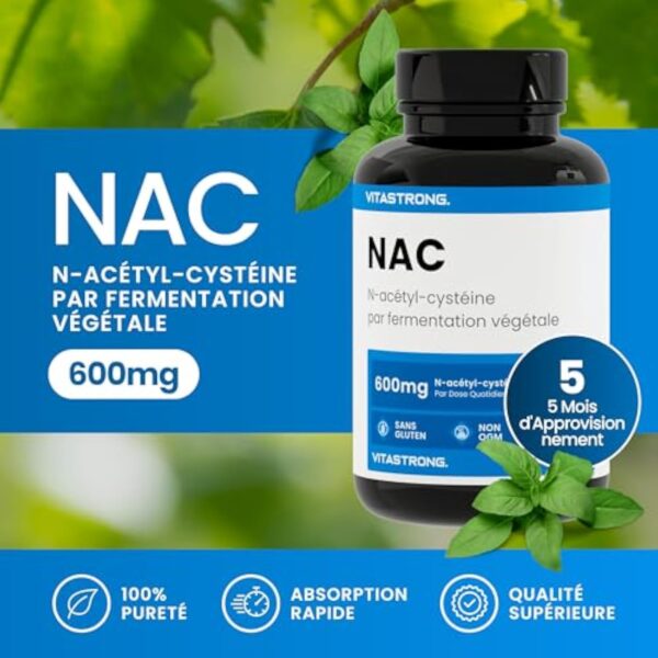 NAC N-Acetyl-Cysteine 600mg de Fermentation Végétale, Précurseur du Glutathion, Complément NAC 150 Comprimés Vegan Acétylcystéine 600 mg (1 par Jour pendant 5 Mois), Qualité Premium Vitastrong – Image 3