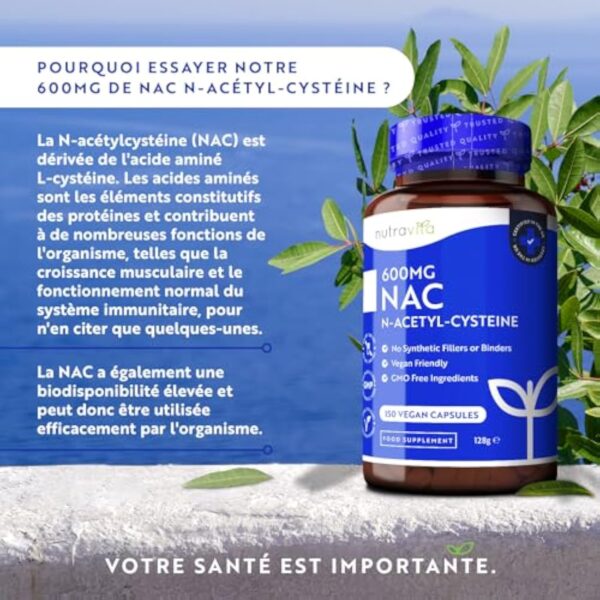 NAC N-Acetyl-Cysteine 600mg, Biodisponible & Absorption Rapide - Sans Gluten - Fabriqué au Royaume-Unis - N-Acétylcystéine 150 Capsules Véganes - 5 Mois de de Cure - Nutravita – Image 3