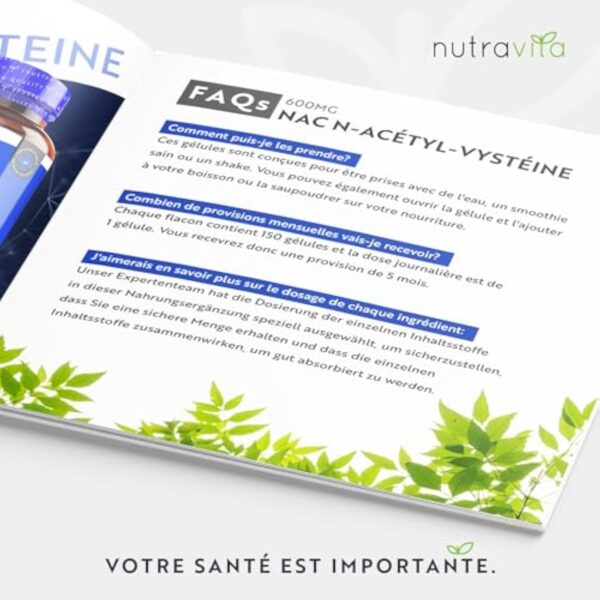 NAC N-Acetyl-Cysteine 600mg, Biodisponible & Absorption Rapide - Sans Gluten - Fabriqué au Royaume-Unis - N-Acétylcystéine 150 Capsules Véganes - 5 Mois de de Cure - Nutravita – Image 4