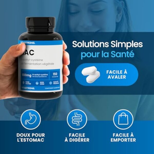 NAC N-Acetyl-Cysteine 600mg de Fermentation Végétale, Précurseur du Glutathion, Complément NAC 150 Comprimés Vegan Acétylcystéine 600 mg (1 par Jour pendant 5 Mois), Qualité Premium Vitastrong – Image 7