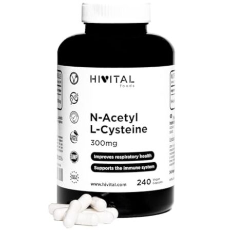 NAC N-Acetyl L-Cysteine 300 mg. 240 gélules végétaliennes pour 8 mois de traitement. N-acétylcystéine à haute absorption. Fabriqué en Europe par HIVITAL