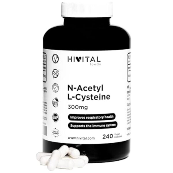 NAC N-Acetyl L-Cysteine 300 mg. 240 gélules végétaliennes pour 8 mois de traitement. N-acétylcystéine à haute absorption. Fabriqué en Europe par HIVITAL