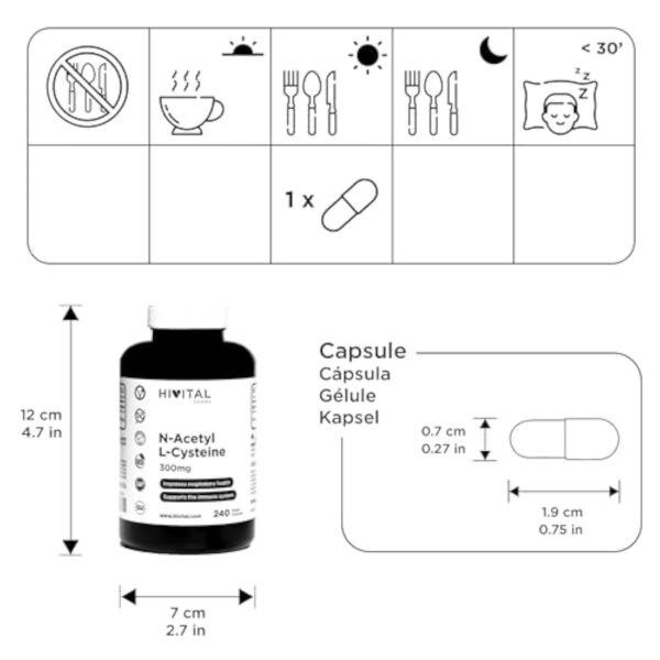 NAC N-Acetyl L-Cysteine 300 mg. 240 gélules végétaliennes pour 8 mois de traitement. N-acétylcystéine à haute absorption. Fabriqué en Europe par HIVITAL – Image 4