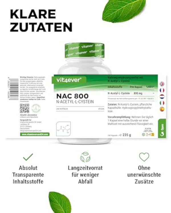 NAC - N-acétyl L-cystéine 240 gélules de 800 mg chacune - 8 mois d'approvisionnement - Forme naturelle - Vegan - Hautement dosé – Image 7