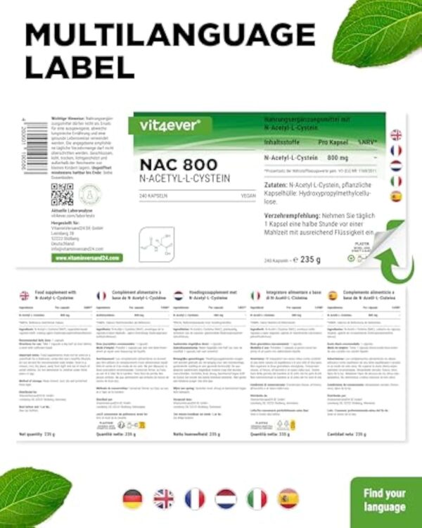 NAC - N-acétyl L-cystéine 240 gélules de 800 mg chacune - 8 mois d'approvisionnement - Forme naturelle - Vegan - Hautement dosé – Image 8