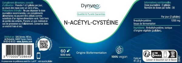 NAC N-acétylcystéine pure - 600mg / 60 Gélules - Bio-fermentation Naturelle - Acide Aminé précurseur du glutathion - Détoxification - Sans Additifs - Grade Pharmaceutique - Vegan - Dynveo – Image 2