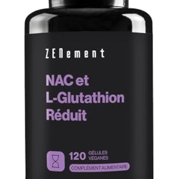 NAC avec L-Glutathion - Formule Premium : Glutathion réduit avec un précurseur N-Acétyl-Cystéine - Fortement Dosé, Haute Biodisponibilité - 120 gélules véganes - Zenement