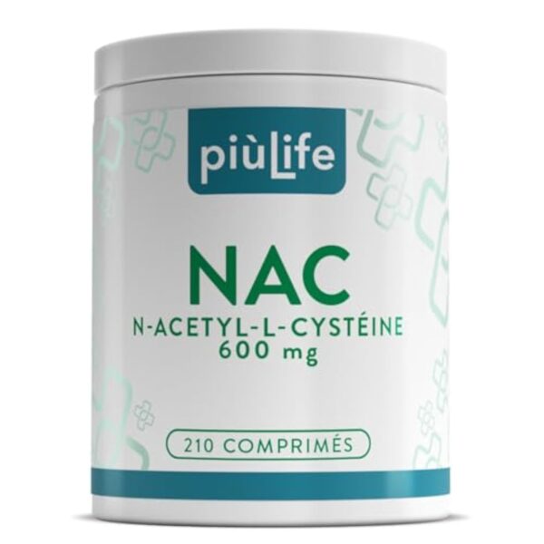 NAC n-acetyl-cysteine 600 mg 210 Comprimés PiùLife, 1 par Jour, Complément Antioxydant Puissant, Dérivé Stable de la L cysteine, Synthèse du Glutathion, Soutien du Système Immunitaire