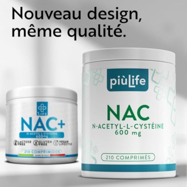 NAC n-acetyl-cysteine 600 mg 210 Comprimés PiùLife, 1 par Jour, Complément Antioxydant Puissant, Dérivé Stable de la L cysteine, Synthèse du Glutathion, Soutien du Système Immunitaire – Image 3