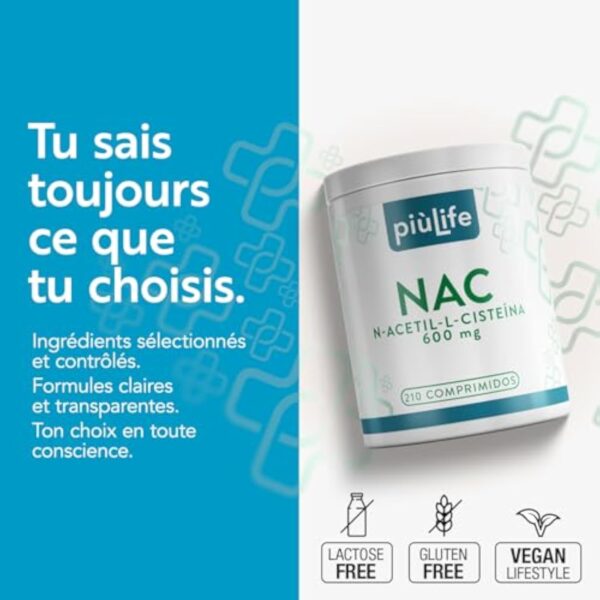 NAC n-acetyl-cysteine 600 mg 210 Comprimés PiùLife, 1 par Jour, Complément Antioxydant Puissant, Dérivé Stable de la L cysteine, Synthèse du Glutathion, Soutien du Système Immunitaire – Image 6