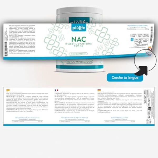 NAC n-acetyl-cysteine 600 mg 210 Comprimés PiùLife, 1 par Jour, Complément Antioxydant Puissant, Dérivé Stable de la L cysteine, Synthèse du Glutathion, Soutien du Système Immunitaire – Image 8