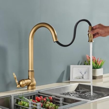 NIUKOMY Antique Robinet Cuisine, Mitigeur Douchette Extractible Cuisine Laiton, Rotatif à 360° Robinet d'évier de à Levier Réglable Chaud et Froid à Grande Arche, Bec Haut,Laiton Brossé