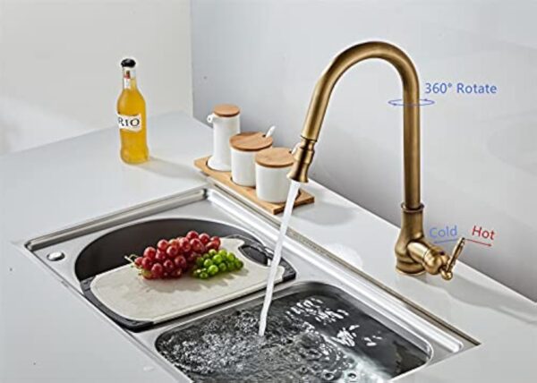NIUKOMY Antique Robinet Cuisine, Mitigeur Douchette Extractible Cuisine Laiton, Rotatif à 360° Robinet d'évier de à Levier Réglable Chaud et Froid à Grande Arche, Bec Haut,Laiton Brossé – Image 3
