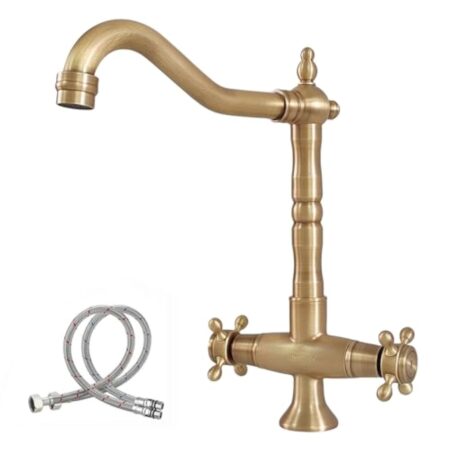 NIUKOMY Rétro Mitigeur Cuisine Bronze, Robinet Lavabo en Laiton Antique à Double Poignée, Rotatif à 360° Mitigeur Cuivre de Salle de Bain Chaud et Froid