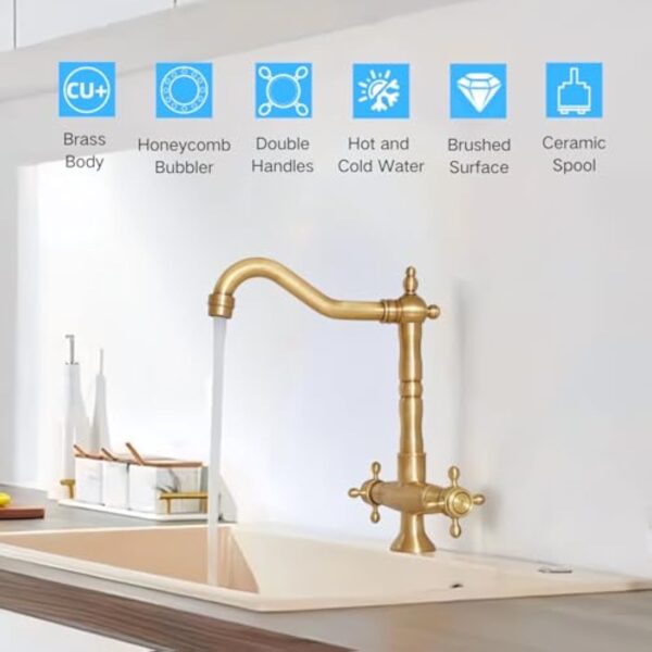 NIUKOMY Rétro Mitigeur Cuisine Bronze, Robinet Lavabo en Laiton Antique à Double Poignée, Rotatif à 360° Mitigeur Cuivre de Salle de Bain Chaud et Froid – Image 4