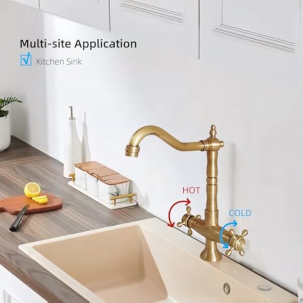 NIUKOMY Rétro Mitigeur Cuisine Bronze, Robinet Lavabo en Laiton Antique à Double Poignée, Rotatif à 360° Mitigeur Cuivre de Salle de Bain Chaud et Froid – Image 5