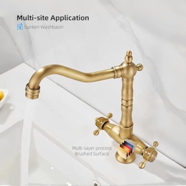 NIUKOMY Rétro Mitigeur Cuisine Bronze, Robinet Lavabo en Laiton Antique à Double Poignée, Rotatif à 360° Mitigeur Cuivre de Salle de Bain Chaud et Froid – Image 6