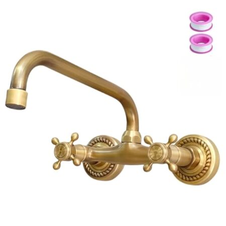 NIUKOMY Robinet Cuisine Mural Bronze Antique, Rotatif à 360° Mitigeur D'évier Murale Laiton, Retro Double Poignée Robinets Mélangeur pour Salle de Bain Cuisine, Bec 24cm