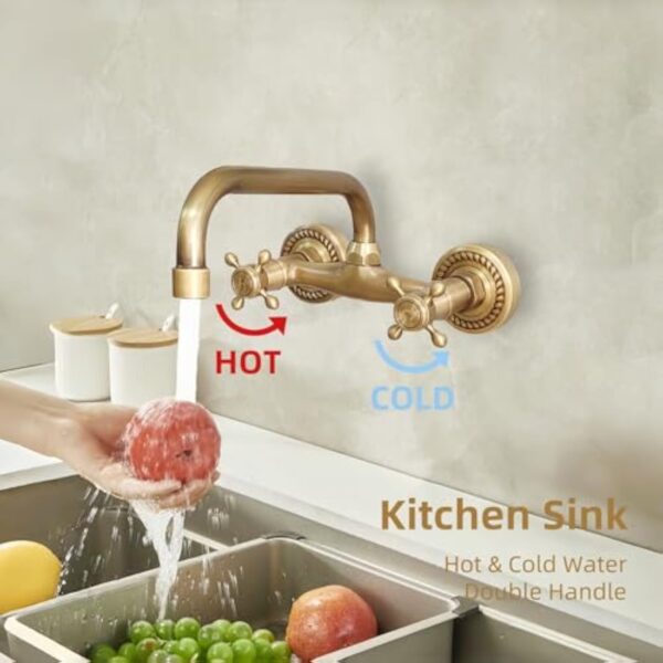 NIUKOMY Robinet Cuisine Mural Bronze Antique, Rotatif à 360° Mitigeur D'évier Murale Laiton, Retro Double Poignée Robinets Mélangeur pour Salle de Bain Cuisine, Bec 24cm – Image 4